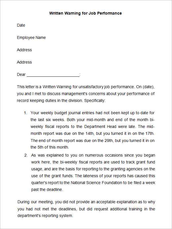 warning letter template for poor performance