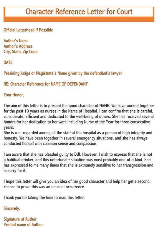 template for court character reference letter