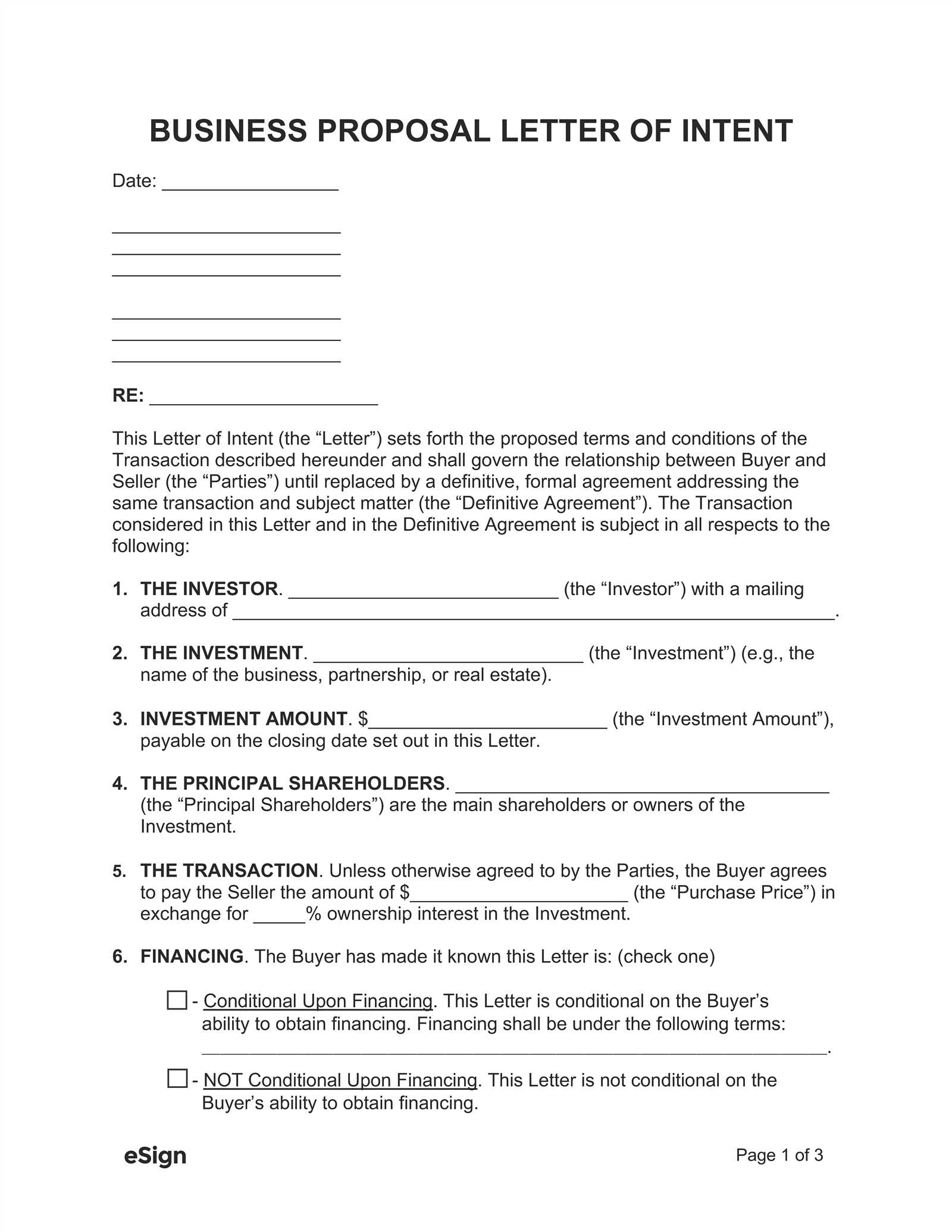 letter of intent for business venture template