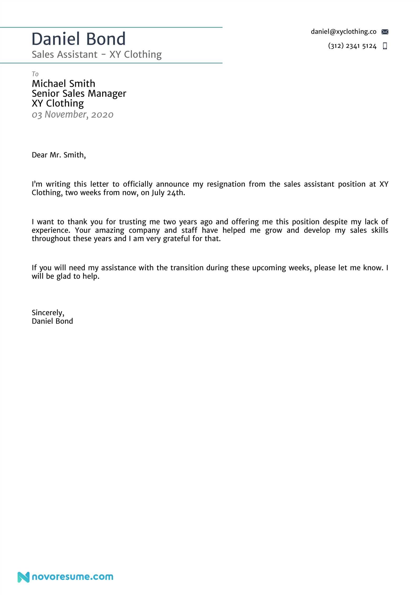 one week resignation letter template