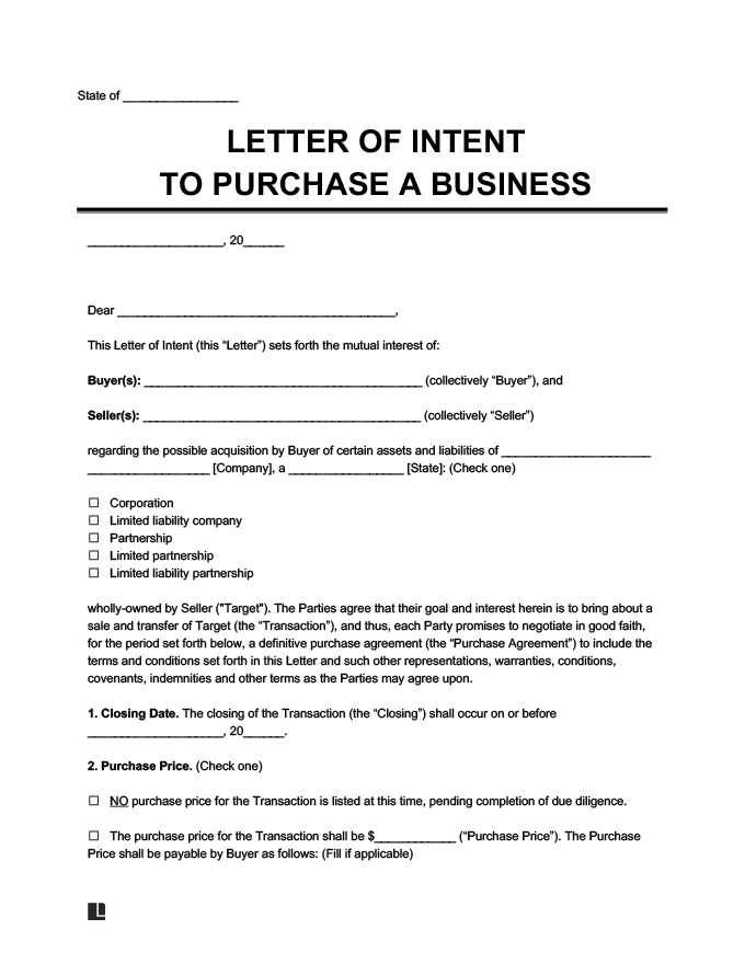 free letter of intent to purchase business template