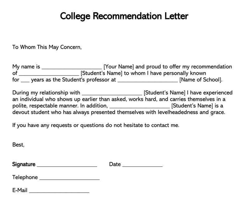 word template recommendation letter