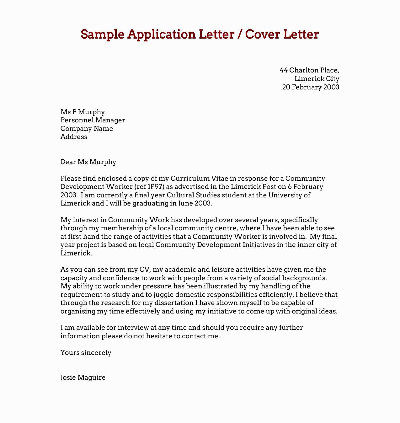 work application cover letter template