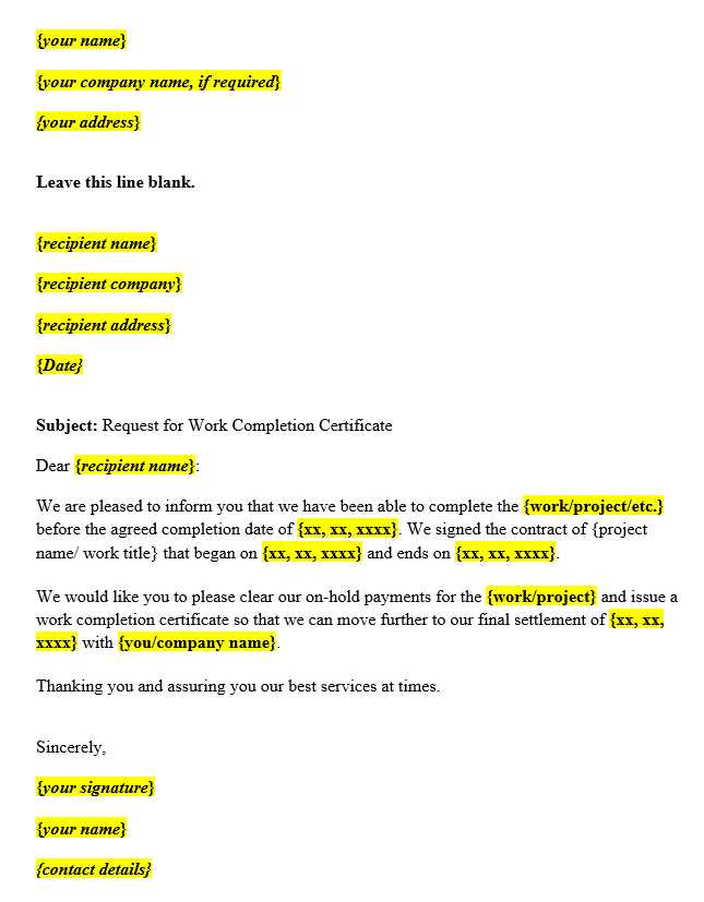 construction letter of completion template