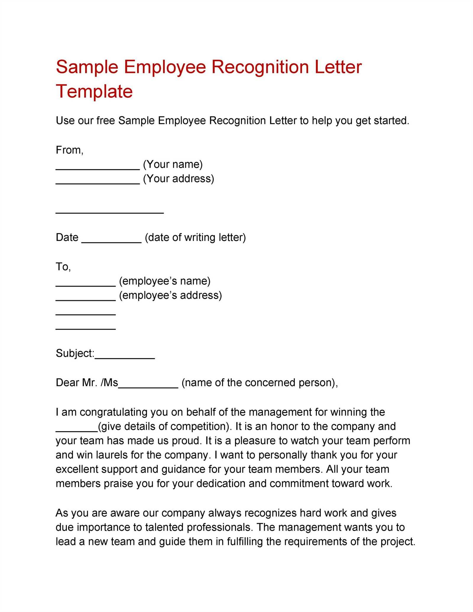 recognition letter template