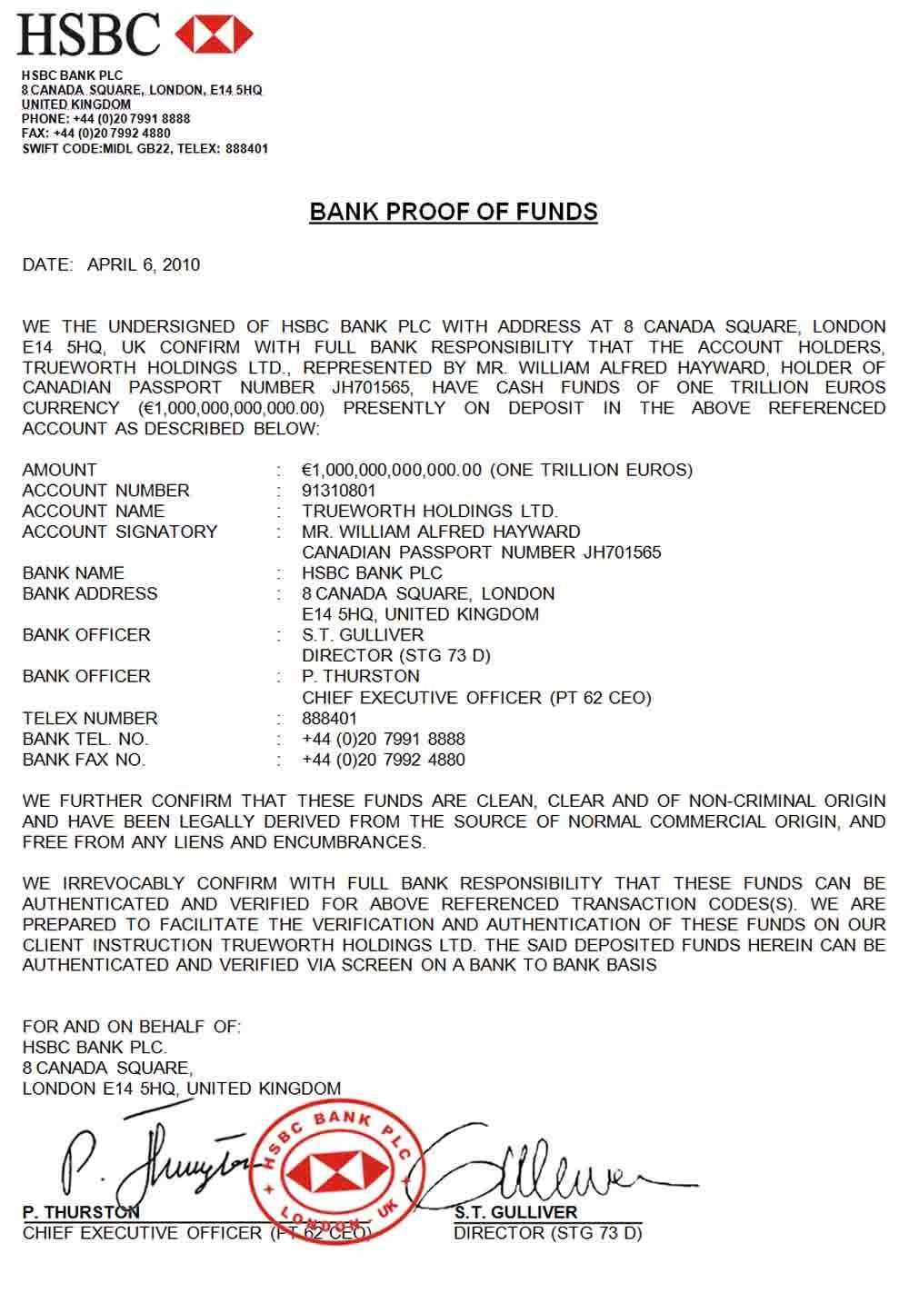 bank proof of funds letter template