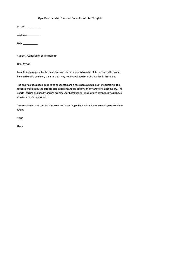 cancellation of gym membership letter template