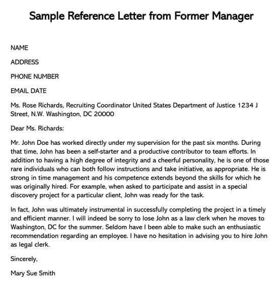 reference letter template for former employee