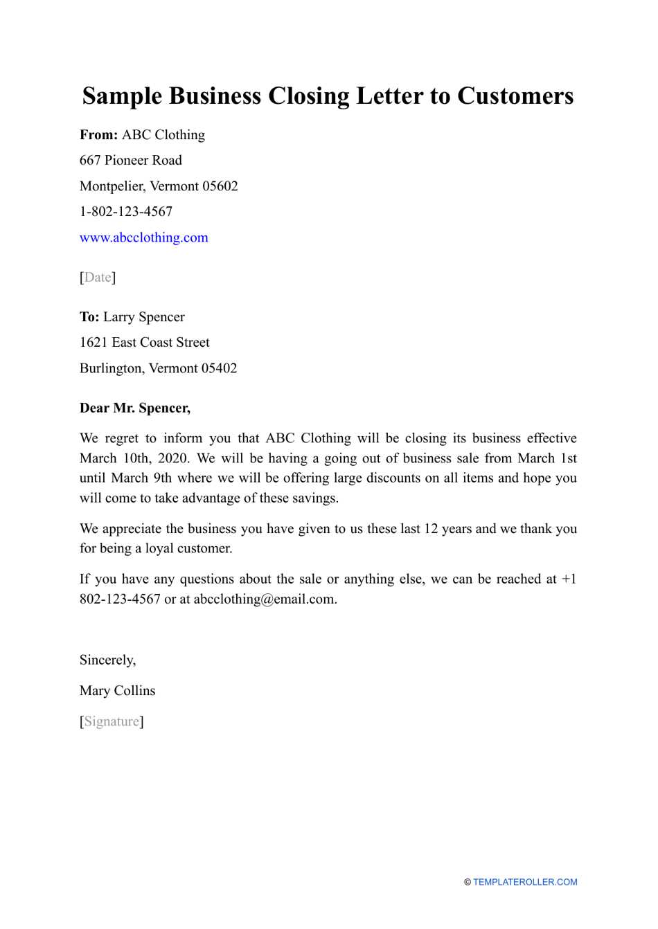 business closure letter template