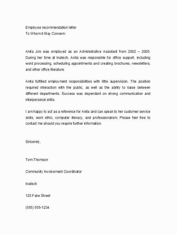 free recommendation letter template for employment